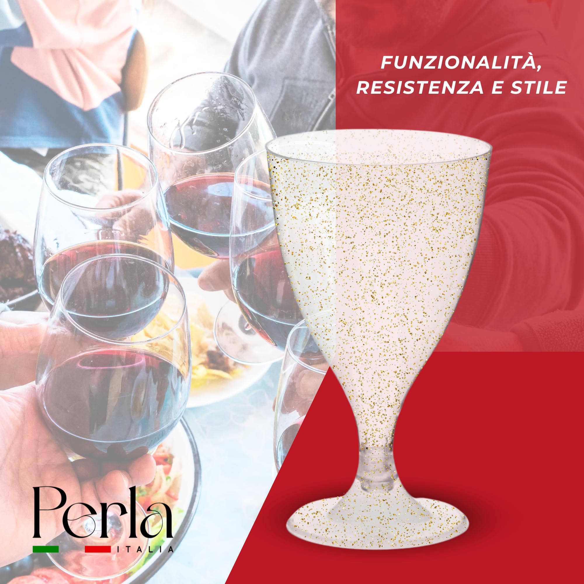 Perla - 48 Calici da Vino in Plastica Rigida - Trasparente con Glitter Dorati da 180ml - Bicchieri Resistenti e Riutilizzabili - Bicchiere Calice Vino per Compleanni Matrimoni e Feste