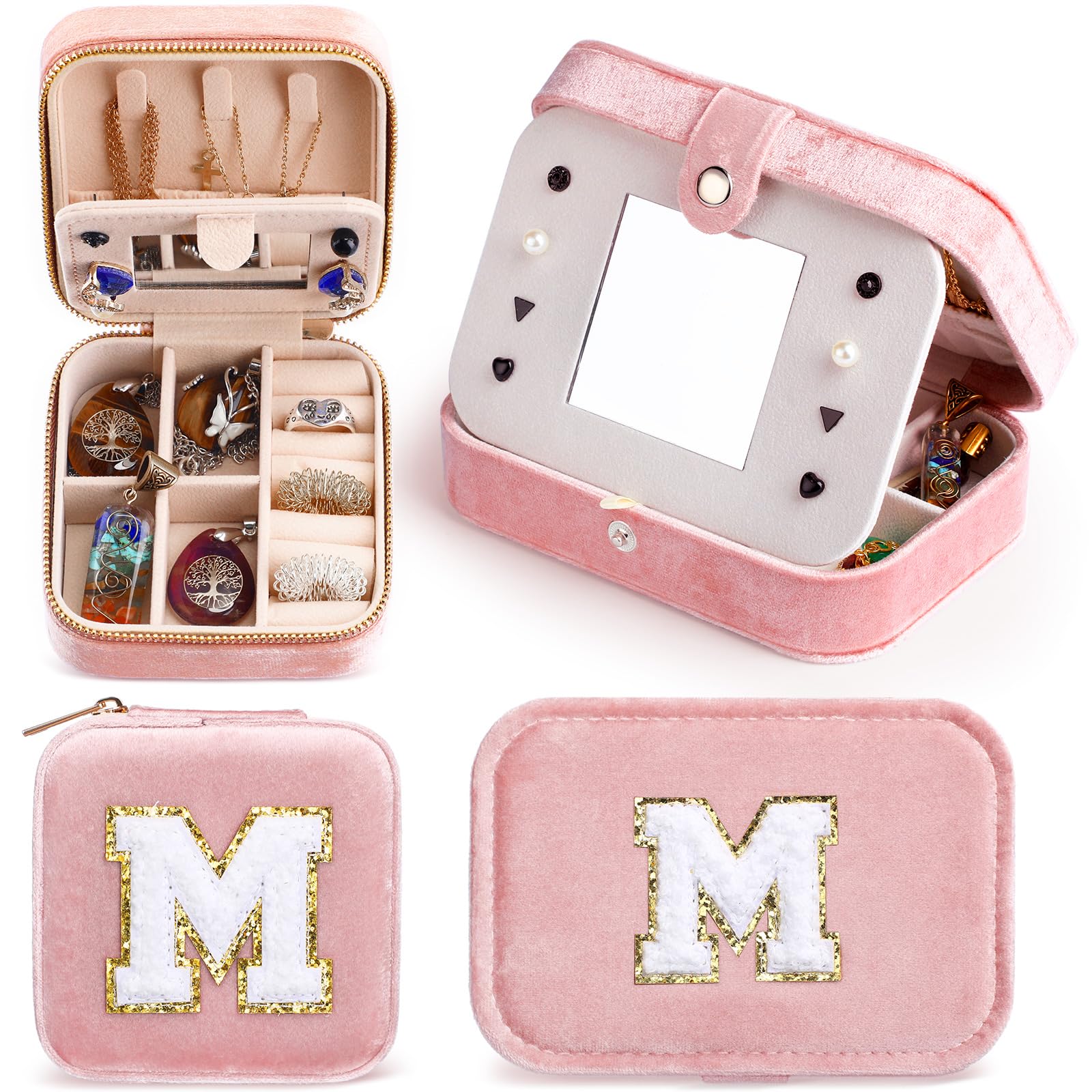 EcationEcation 2 Pcs Initial Jewelry Case Initial Travel Jewelry Case Pink Plush Velvet Jewelry Box with Mirror Chenille Letter Jewelry Organizer Personalized Gift for Women(Letter M)