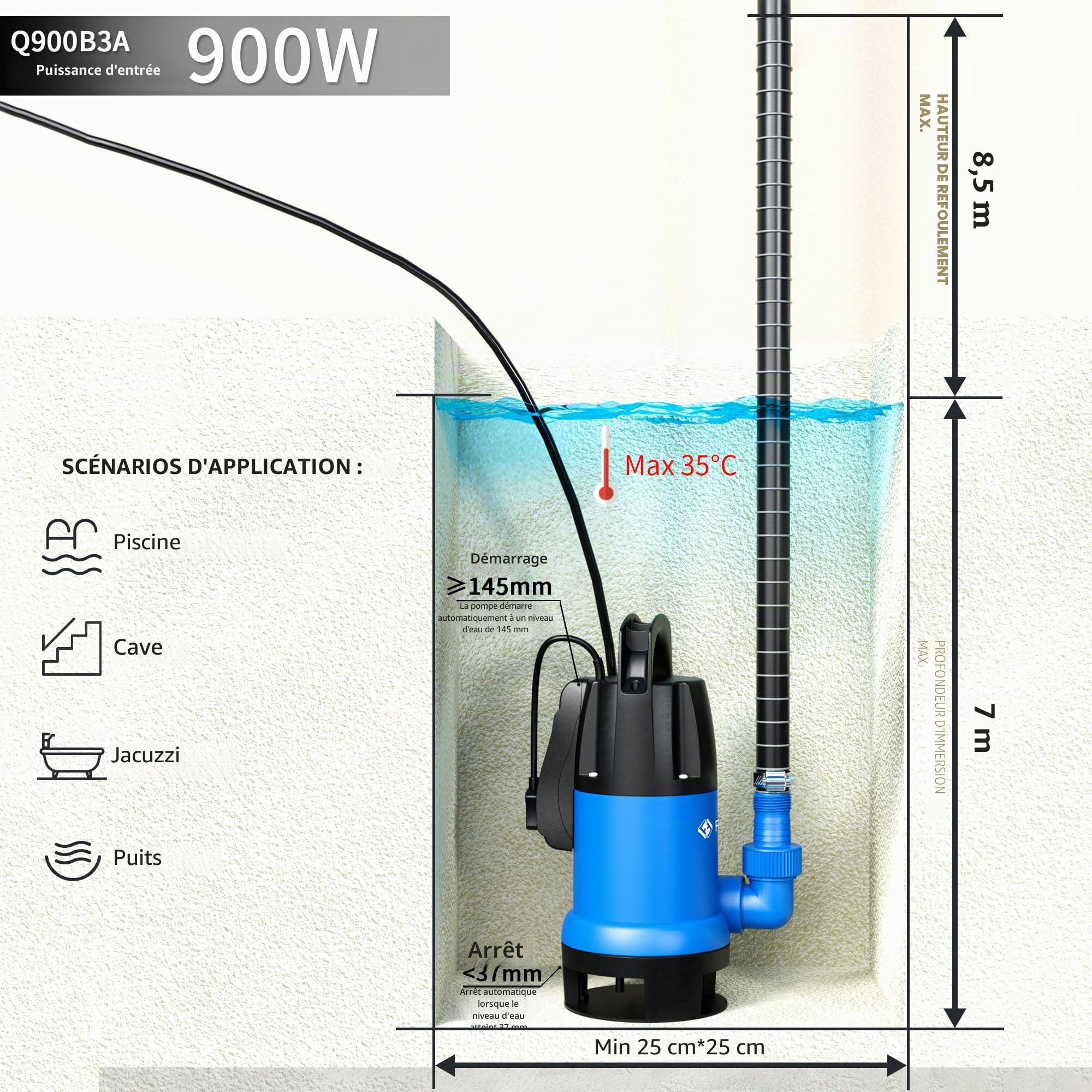 FOTING Pompe d’évacuation pour eaux chargées, 900W, 14 000L/h, Hauteur de refoulement max: 8,5m, D’immersion max: 7m, Particules⌀ 35mm, Flotteur Réglable 4 Niveaux, étang, maison, jardin