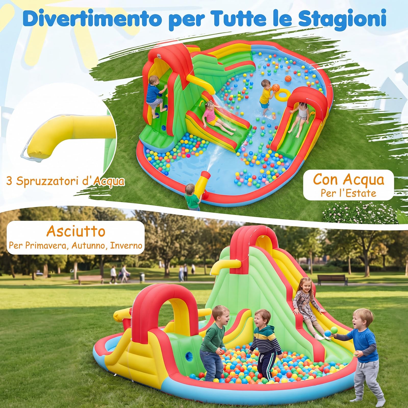 COSTWAY Castello Gonfiabile per Bambini 3-12 Anni, Grande Parco Acquatico di Giochi con Doppio Scivolo, Piscina, Parete da Arrampicata e Canestro da Basket, per Interno e Esterno