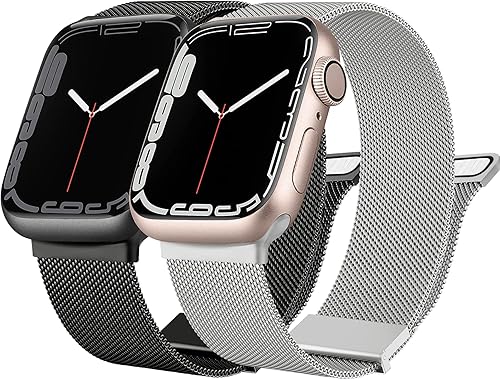 [2 PACK] Metal Stainless Steel Bands Compatible with Apple Watch Bands Series 8 7 6 5 4 3 2 1 SE 41mm 40mm 38mm, Mesh Loop Magnetic Milanese Strap