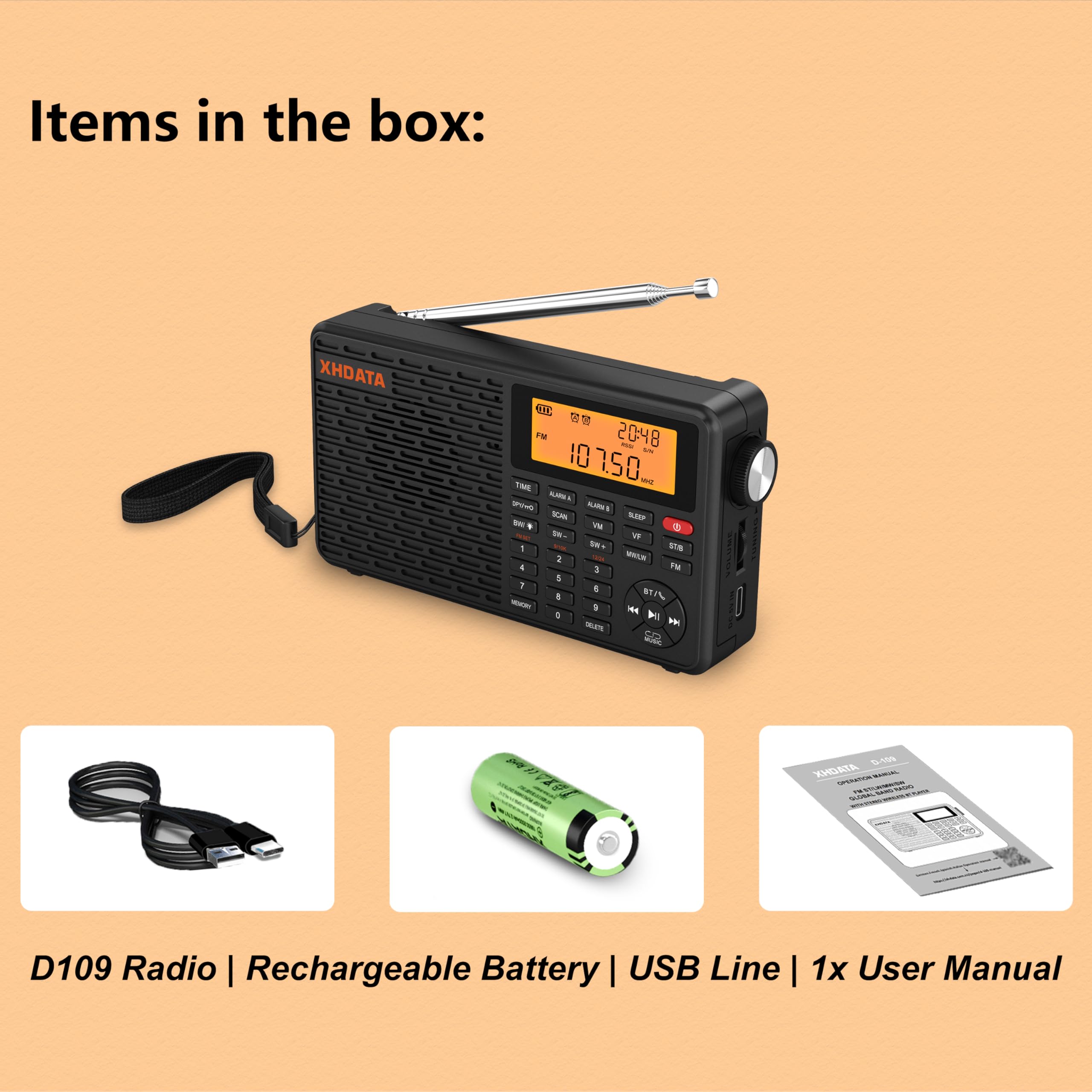 Radio portátil, Radios Digitales con Bluetooth, Radio FM Recargable USB-C, Reloj de Alarma Dual, Temporizador de Sueño, 400 Preajustes, Soporta Micro SD para Música, XHDATA D-109 para Casa, Viajes