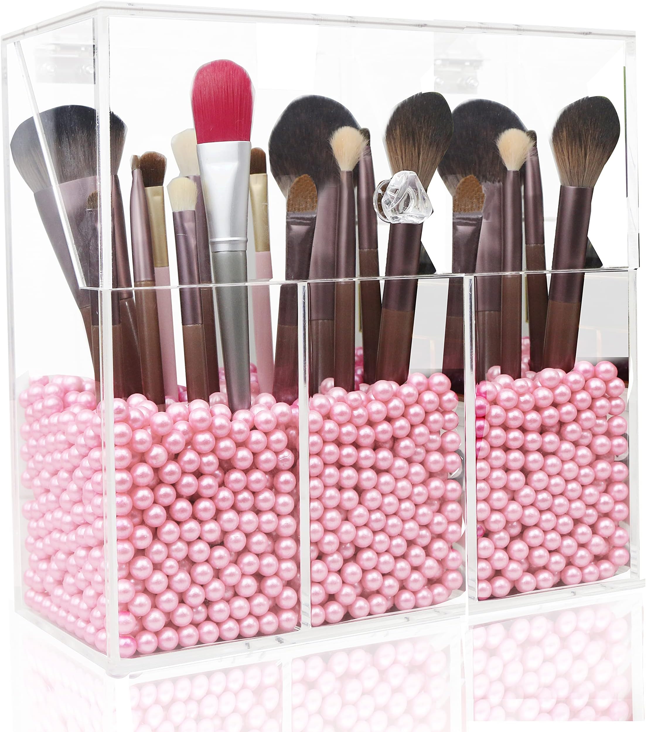 Makeup Brush Holder,Lumcrissy Acrylic Makeup Organizer with 3 Brush Holders , Dust-proof Cosmetic Storage Case with 500g Pink Pearl (3holder)