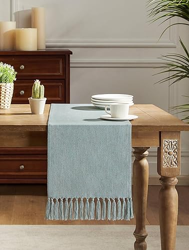 Miniatura 9 de Camino de mesa verde de 48 pulgadas de largo, camino de mesa rústico de arpillera estilo lino, camino de mesa de café bohemio, 13 x 48 pulgadas,