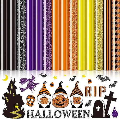 Whaline 14 hojas de vinilo de transferencia de calor de Halloween con purpurina negro, naranja, morado, amarillo, a cuadros, vinilo