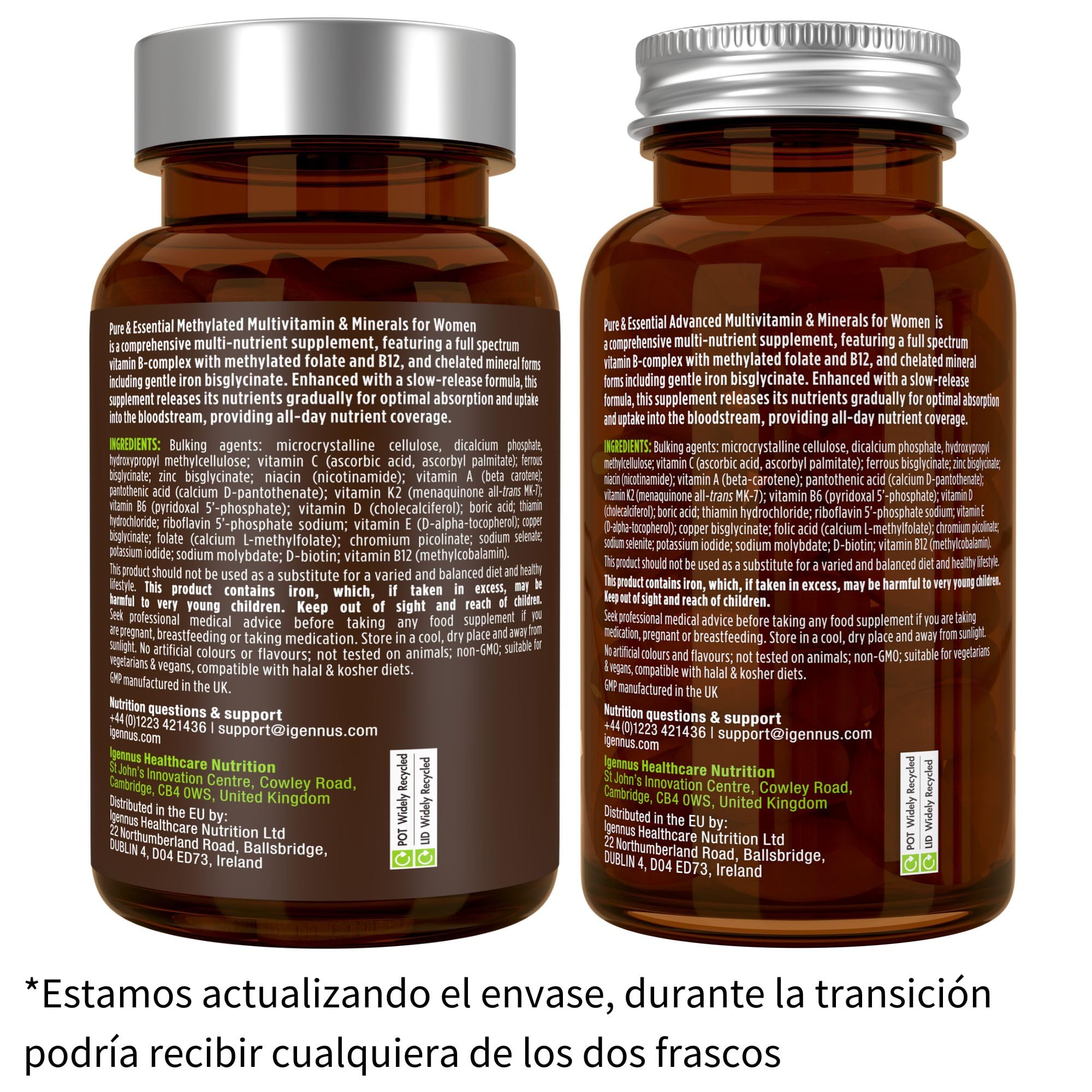 Igennus Multivitamínico Mujer con Hierro, 21 Nutrientes Activos, Puro y Limpio, Aporte de Nutrientes Durante todo el día, Vitaminas B de Alta Potencia, Fácil de Tragar, 180 compimidos Veganos,90 Dosis