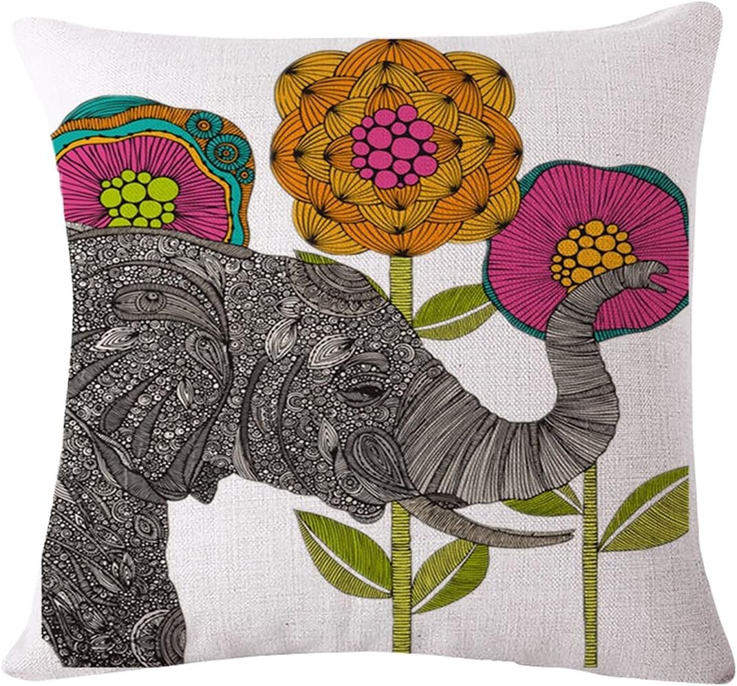 Colourful Animals Cushion Cover - Painted Elephant with Three Flowers Printed High Quality Cushion Cover 45cm x 45cm / 18 x 18 (CCPR0097)