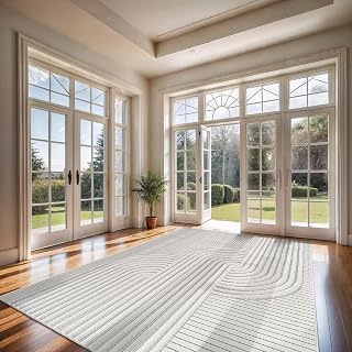 CAMILSON Modern Rug 8x10 Luxury Swirl Curved Micro Loop Area Rugs Soft High-Low Pile Stain Resistant Easy to Clean Non-Shedding Durable Living Room Bedroom Indoor Carpet (White)