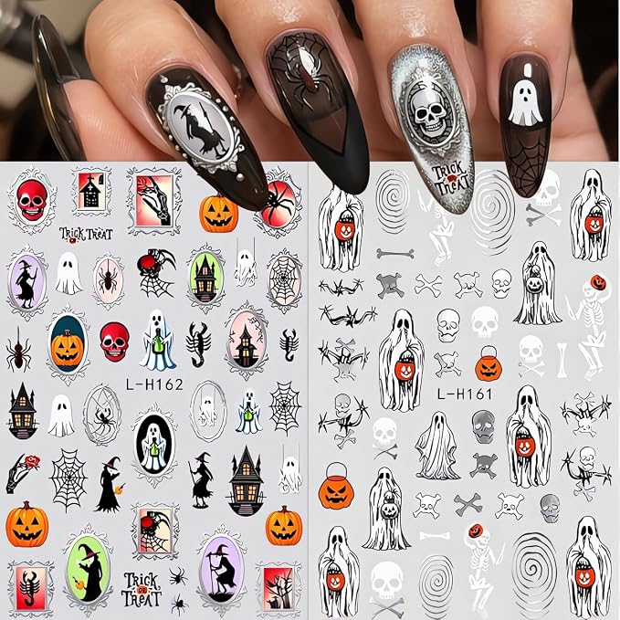 4Pcs Halloween Nail Stickers for Nail Art Skull Ghost Nail Decals Devil Eyes Pumpkin Witch Spider Web Design Sticker Gothic Skeleton Self Adhesive Horror Nail Decoration for Women Manicure Accessory