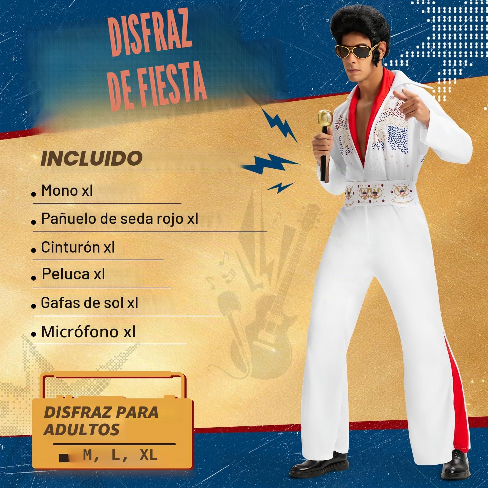 Ulikey Disfraz Elvis Presley Adulto, Disfraz Disco Hombre de Años 70 con Peluca de Elvis, Gafas de Sol, Micrófono, Bufanda Roja Disfraz de Rey Rock Hombre para Carnaval