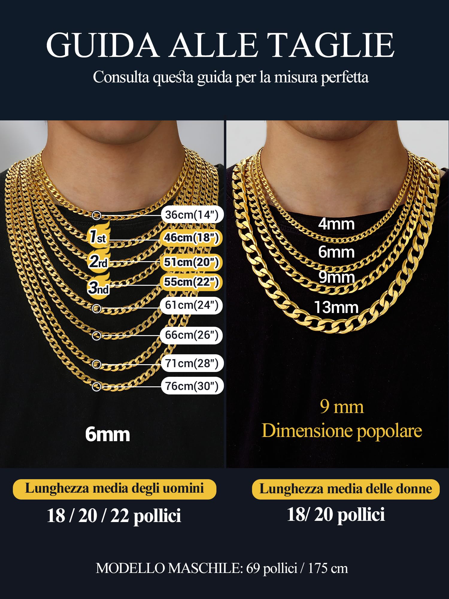 PROSTEEL Collana Uomo Donna Catena Cubana Grande Sottile Larghezza 4 6 9 13 mm, Lunghezza Regolabile, Acciaio INOX/Placcato Oro, Argento Oro Nero, Hip Hop Punk, con Confezione, Personalizzabile
