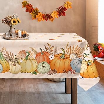 Fall Watercolor Pumpkin Tablecloth Waterproof, Autumn Leaves Table Cloth Rectangle, Washable Table Cover for Thanksgiving Harvest Party Decor Kitchen Decoration 6084 Inch