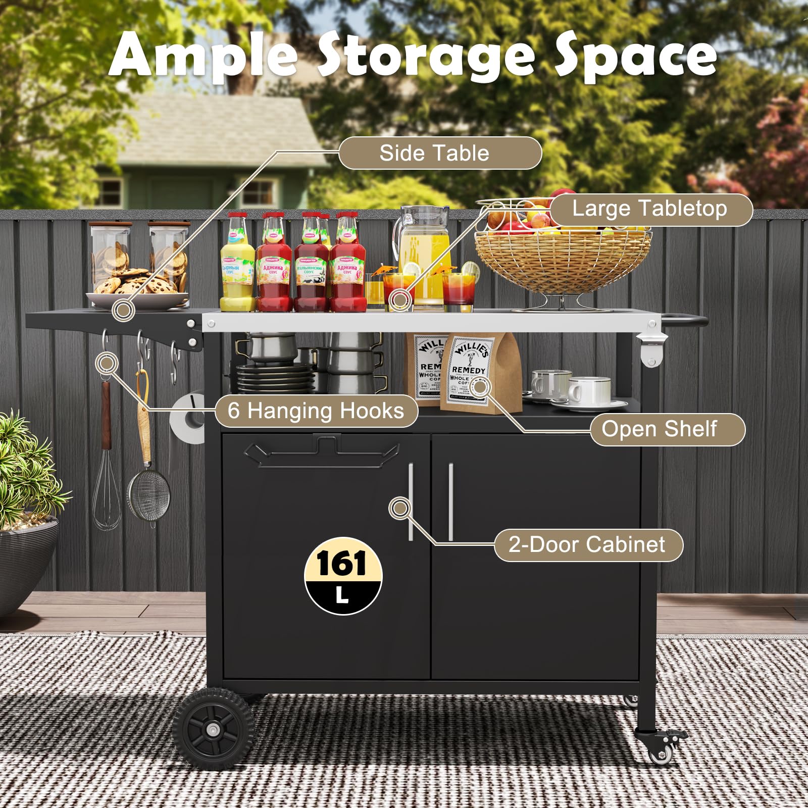KOMFOTTEU Carro de Barbacoa con Encimera de Acero Inoxidable Plegable, Carrito Auxiliar con Armario con Puertas, Ganchos y Soporte para Bolsas de Basura, Carro para Parrilla con Toallero