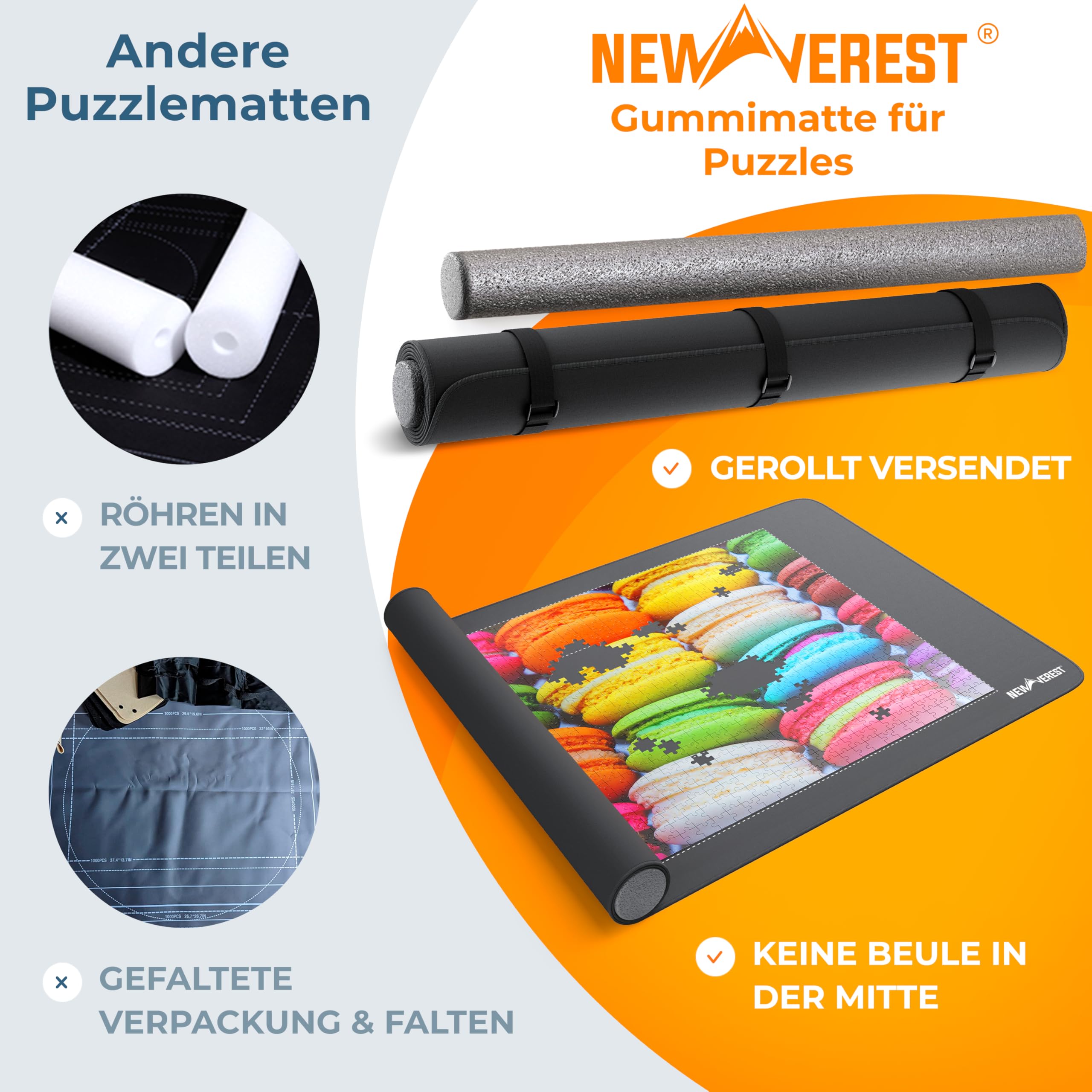 Newverest Puzzlematte zum Aufrollen 100 x 60 cm – Für bis zu 1000 Teile, rutschfeste Unterseite & Glatte Oberfläche + 3 Sortierschalen & Tragetasche für Reisen