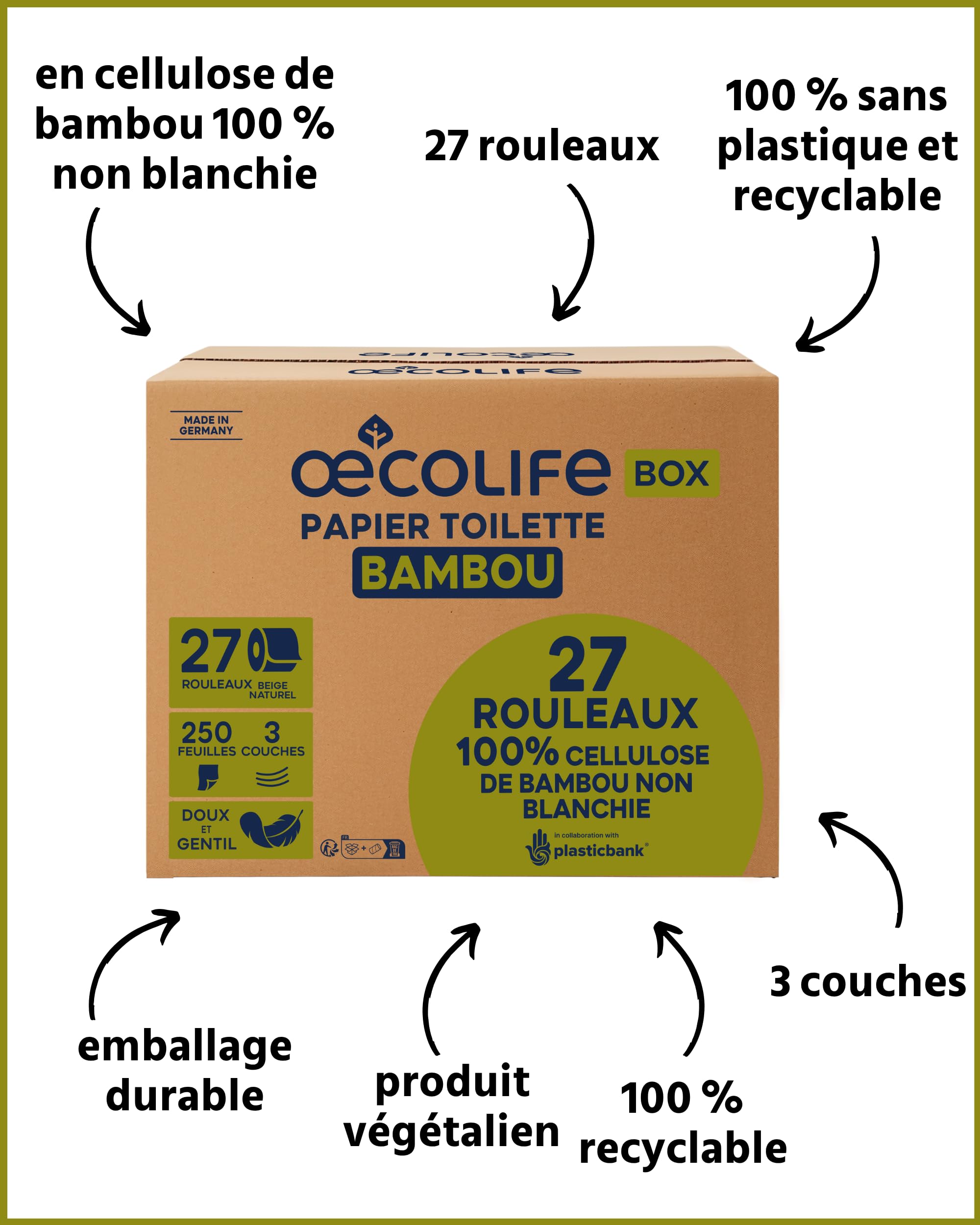œcolife papier toilette bambou, 3 couches, 27 rouleaux x 250 feuilles, emballage en vrac, super doux, sans plastique, papier hygiénique, végétalien, papier toilette durable