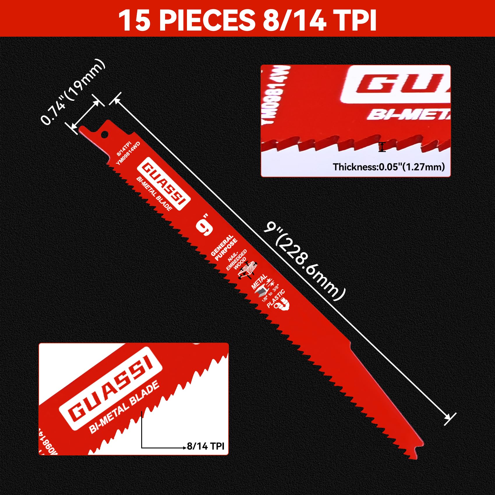 Paquete de 15 hojas de sierra alternante 8/14TPI de 9 pulgadas para todos los cortes de uso general, incluyendo madera, madera incrustada en clavos, plásticos y metal grueso de demolición de 1/8 a 3/8