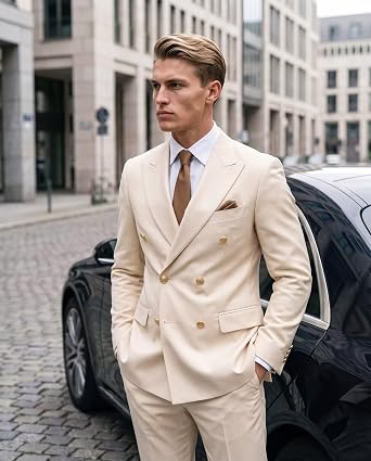 Double Breasted Suit Men Gold Button 2 Piece Slim Fit Suit for Mens Prom Tuxedo Peak Lapel Wedding Suits