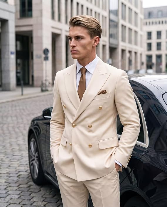 Double Breasted Suit Men Gold Button 2 Piece Slim Fit Suit for Mens Prom Tuxedo Peak Lapel Wedding Suits