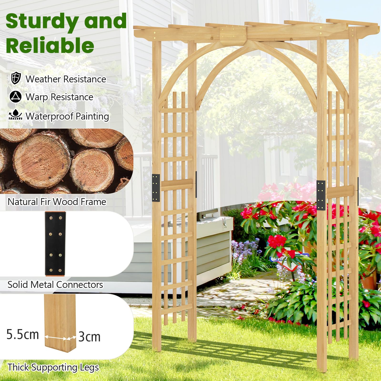 FANTASK Gartenbogen Holz, 160 x 60 x 213 cm, Rosenbogen mit Dach für Kletterpflanzen & hängende Körbe, Rankbogen Tannenholz, Rankgitter für Garten, Hochzeit, Party (Natur)
