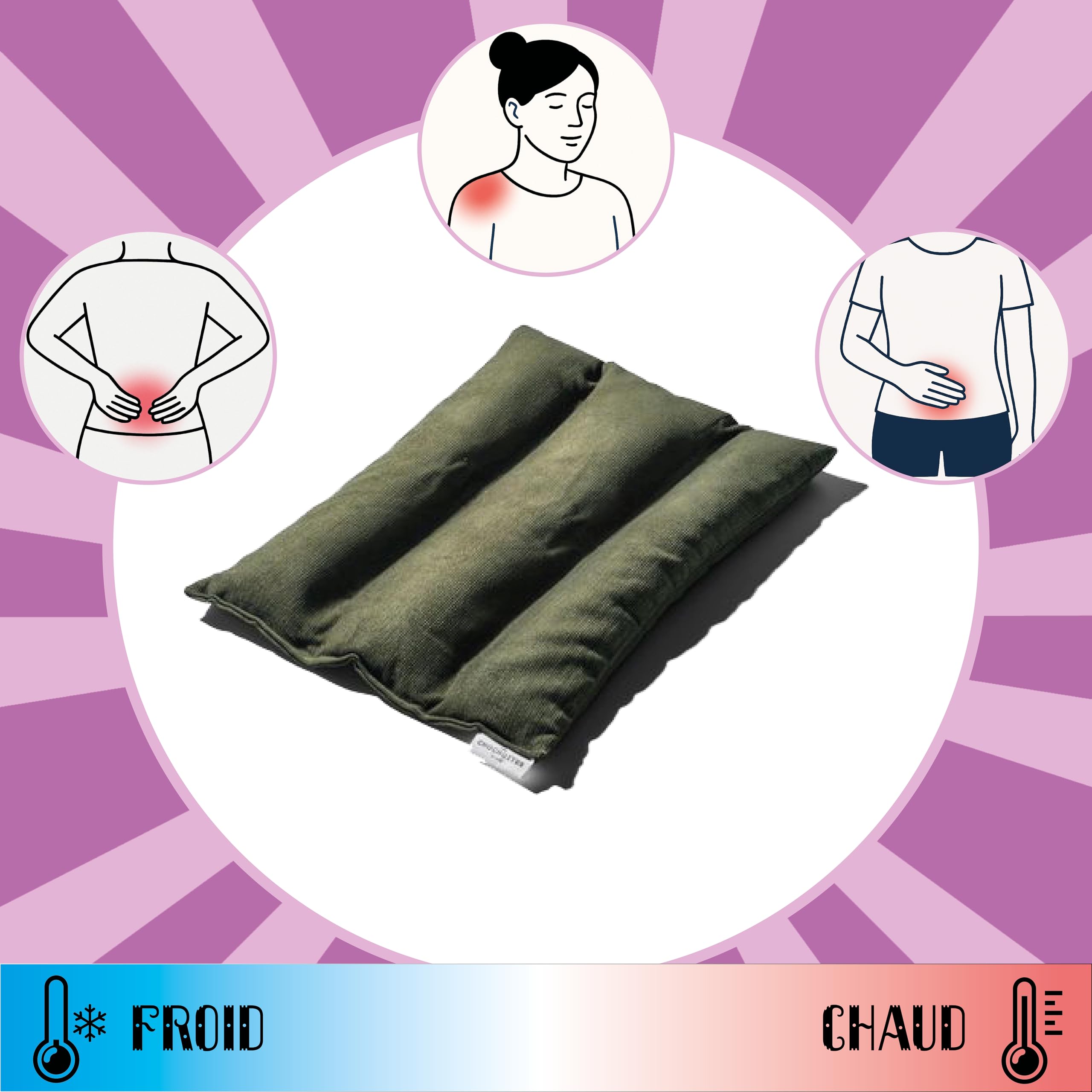 Coussin Emplâtre Chauffant La Lombaire en graines de lin - Bouillotte velours pour micro-ondes - Compresse chaud/froid - Soulage douleurs, lumbago, dos, épaules, règle - Fabriqué en France - 38x28 cm