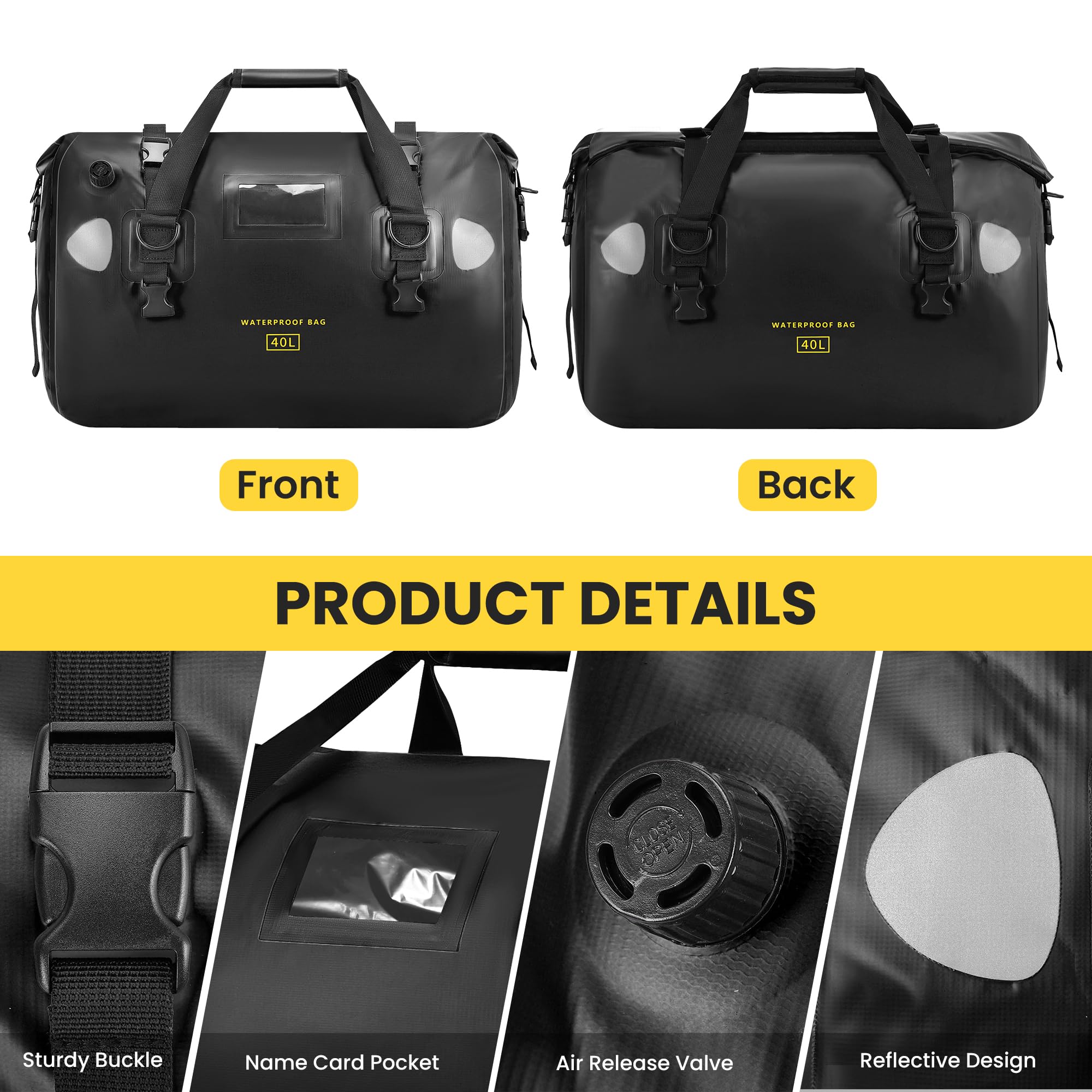 HOMIEE Bolsa trasera para motocicleta, 40 L, impermeable, bolsa grande con correas de cierre rápido, para turismo, camping, motociclismo, ciclismo, deportes acuáticos (negro)