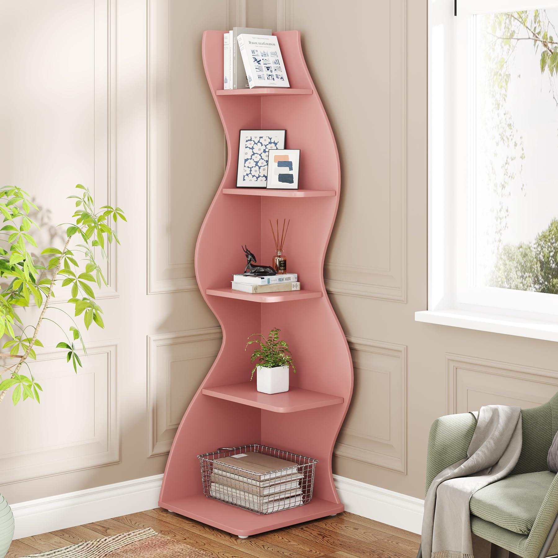 Tribesigns Eckregal, 178 cm hoch, Lagerregal, Bücherregal, Pflanzenständer, Organizer-Einheit, 5 Stufen, Modern, für Zuhause, Büro, Wohnzimmer, Schlafzimmer, Balkon, Rosa, 1 Stück