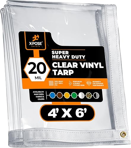 Lona de vinilo transparente de 4 x 6 pies – Lona de PVC transparente de 0.787 in impermeable con ojales de latón – para recinto de patio,