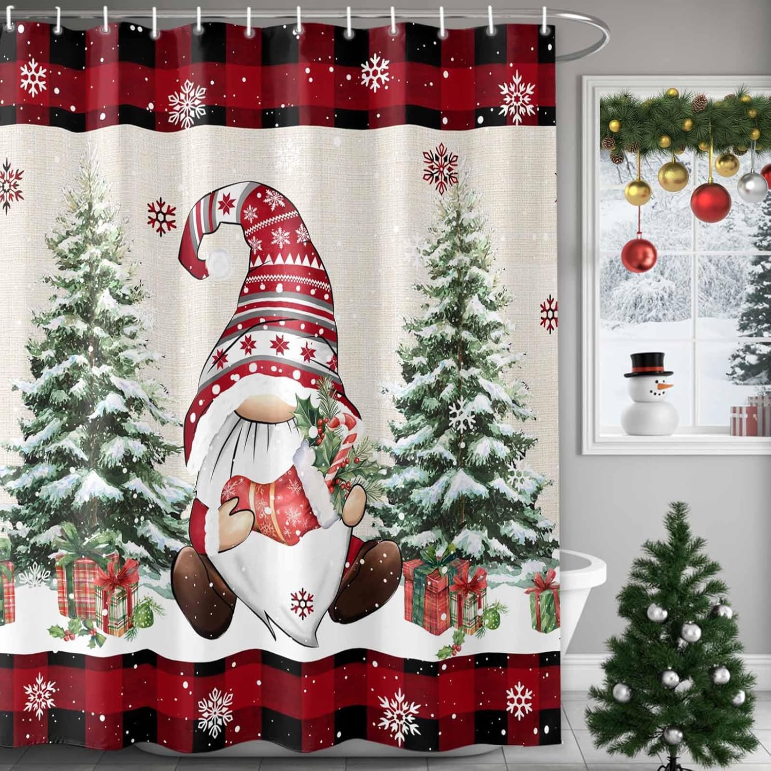 Christmas Gnome Shower Curtain for Bathroom 72" x 84" Xmas Tree Winter Snowflake Red Plaid Border Shower Curtain with Hooks Polyester Waterproof Home Bathtub Decor