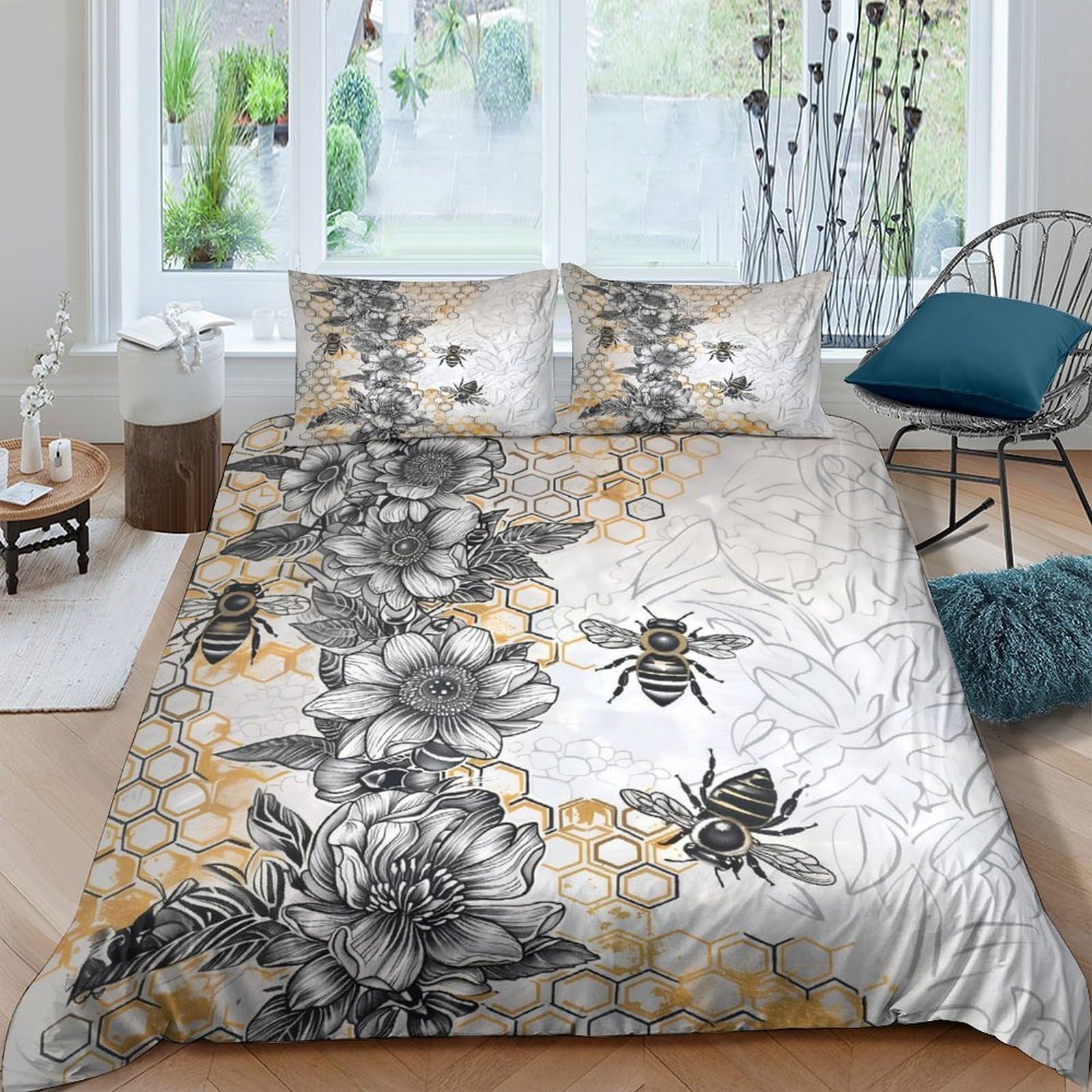 Ctjqhvkz Style-10 3D Printed Floral Bee Fitted Sheet Microfiber Soft Grey Gold Honeycomb Mattress Cover Bedroom Decor Single（135X200cm）