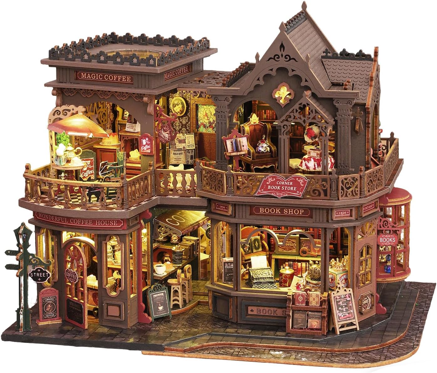 CUTEROOM DIY Miniature House Kit, Wooden Dollhouse Kit with LED Magic Tiny House Kits for Women Adult Gifts for Christmas Birthday (Book Coffee Shop)