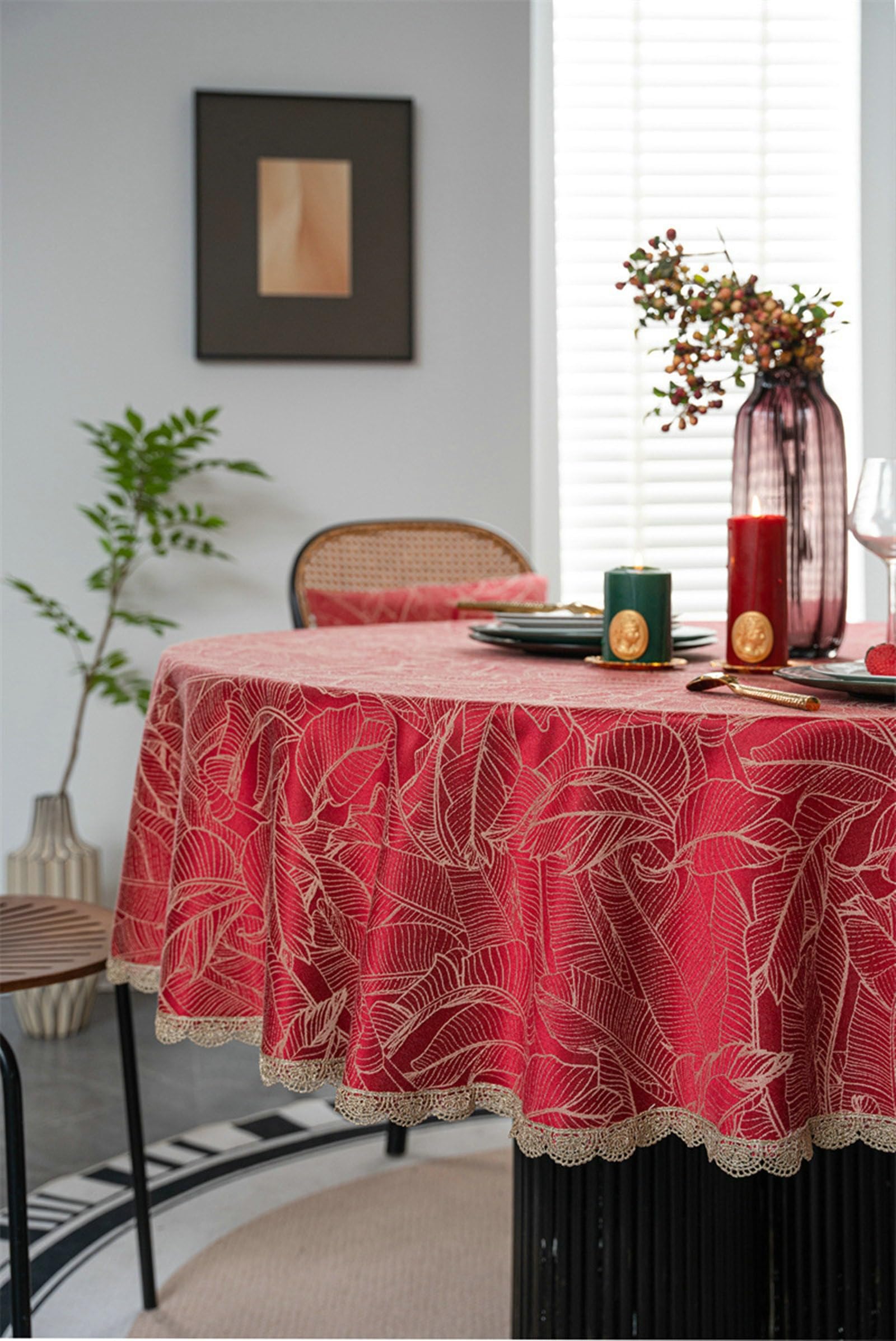 Mantel Antimanchas Mesa Redonda 160 cm, Rojo, Mantel Poliéster Hojas Jacquard con Borde de Encaje