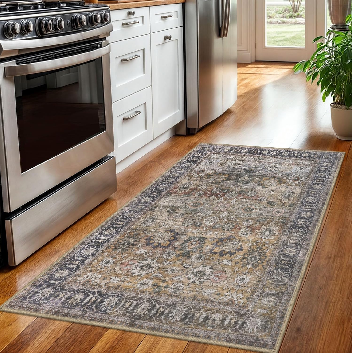 KOZYFLY Washable Area Rug 3x5 Multi-Color Floral Non Slip Rugs for Entryway, Low Pile Printed Traditional Throw Rugs for Bedroom, Kitchen, Kids Room, Office, College Dorm, Nursery, Living Room