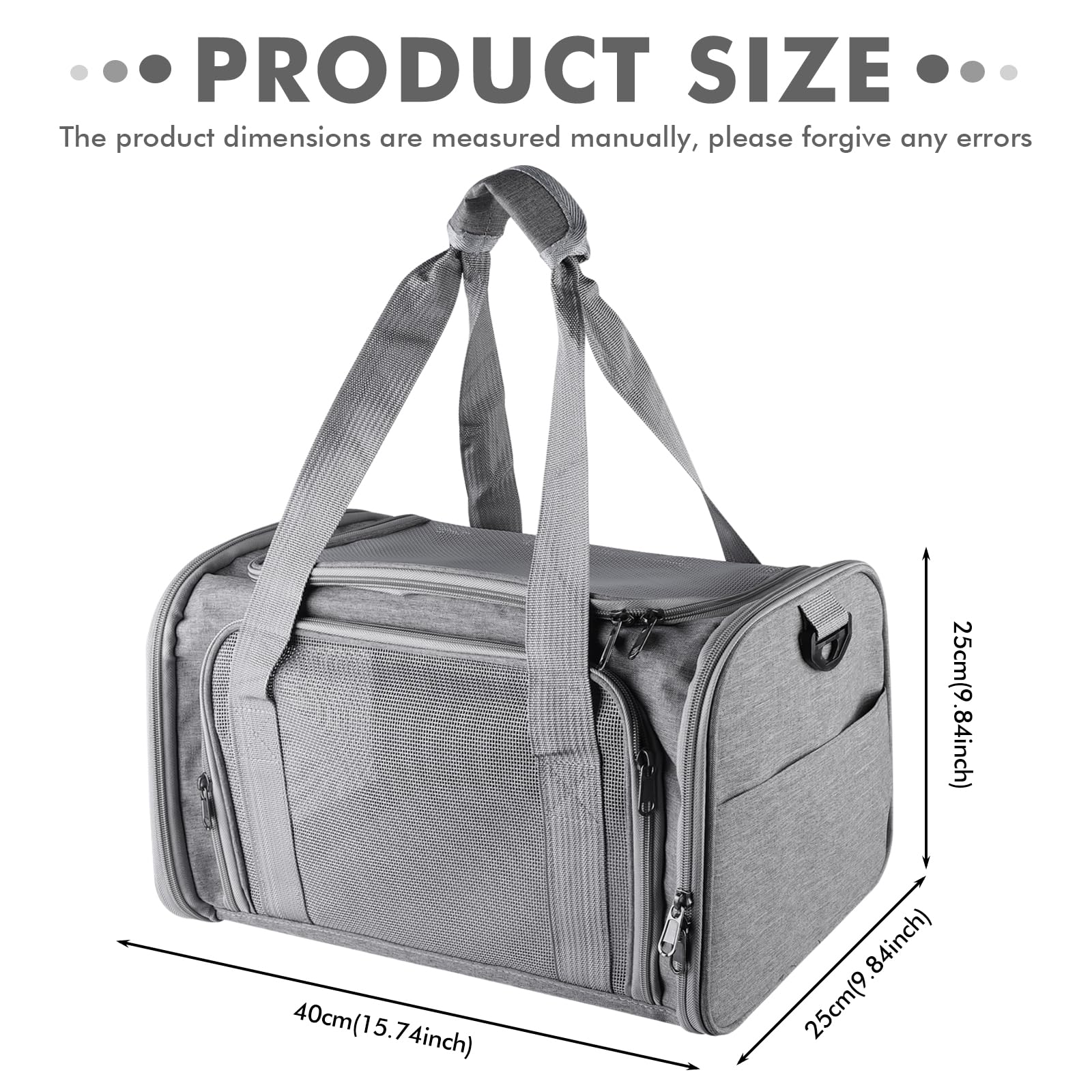 Bolsa de transporte plegable para gatos, con correa para el hombro, ligera, transpirable y apta para aviones, para animales pequeños de hasta 3 kg (gris, 40 x 25 x 25 cm), para viajes