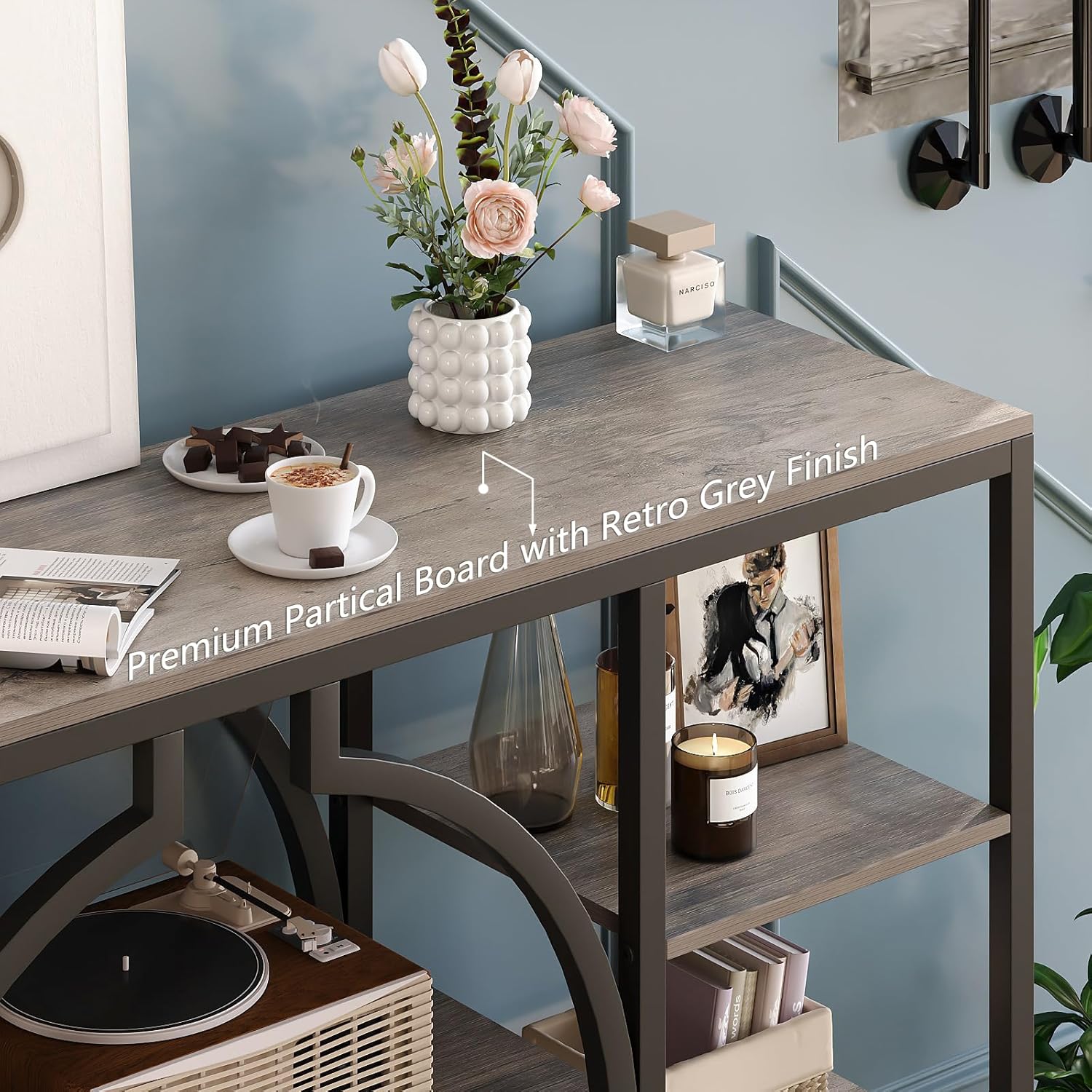 GiftGo 47" Industrial Console Tables for Entryway Rustic Sofa Table Behind Couch 4 Tier Wooden Shelves Entry Table with Storage for Foyer, Hallway, Front Door,Living Room (Retro Grey, 47")