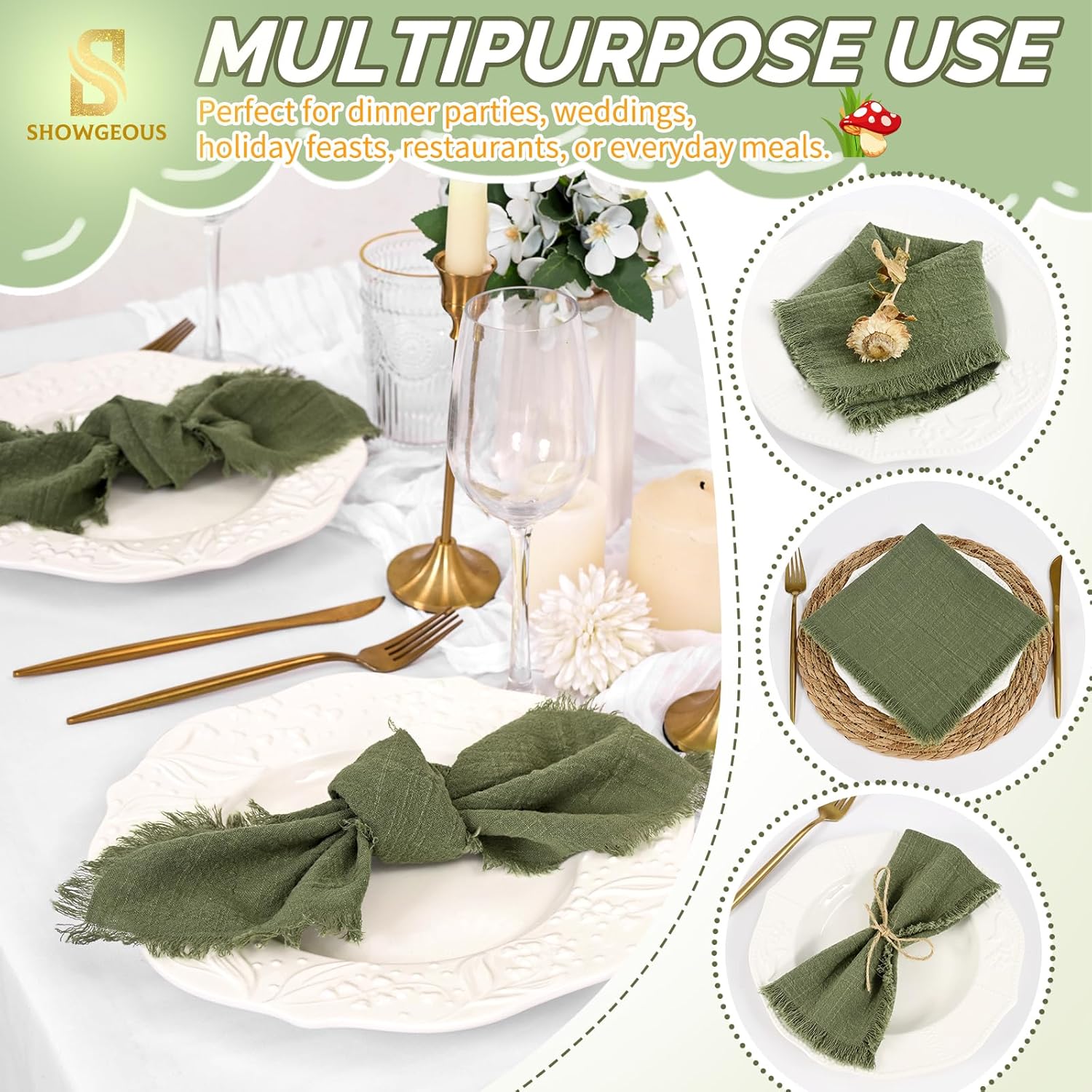 Showgeous 60 Pack Olive Green Cloth Napkins with Fringe 16x16 inch 100% Cotton Green Napkins Handmade Dinner Napkins Bulk Washable Soft Rustic Table Napkins for Wedding Parties Bridal Baby Shower