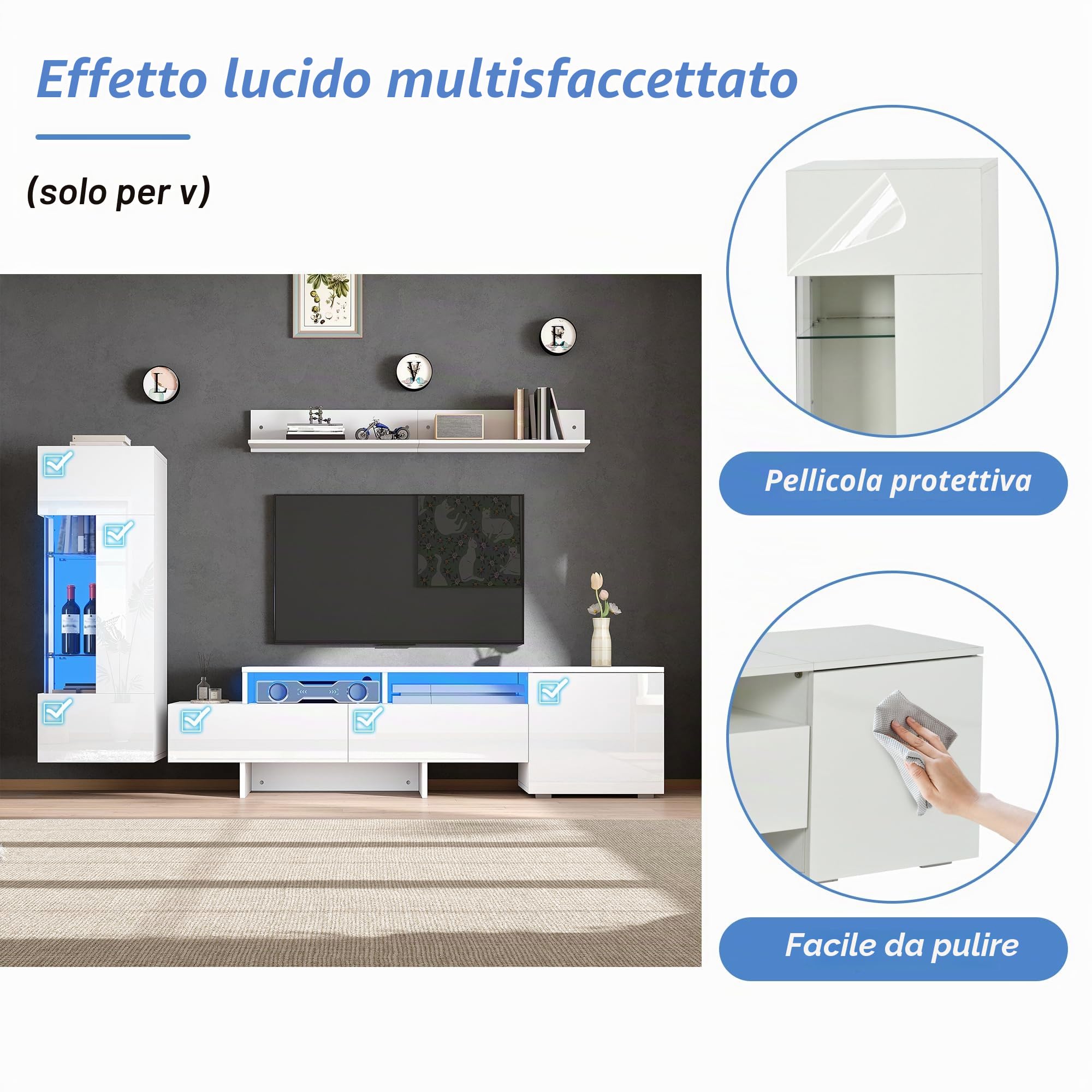 Set di 3 mobili da soggiorno per TV, lucidi, con LED, moderno mobile TV in piedi e sospeso, ante in acrilico, parete divisoria in vetro, bianco, TV fino a 70' (bianco-1)