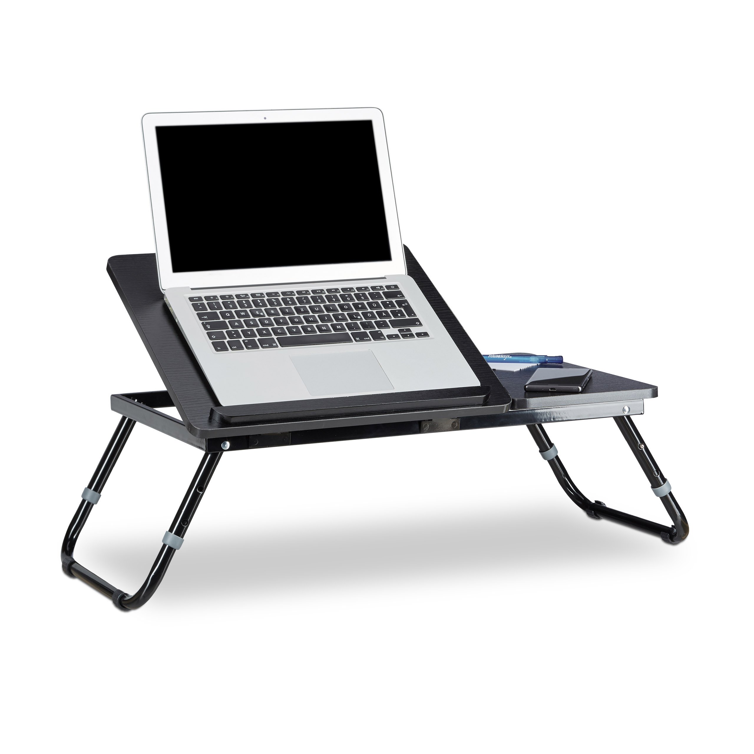 Relaxdays tavolo per laptop, scrivania, tavolino da letto, vassoio da letto, tavolino per notebook, tavolino laterale, laptop WTH 75 cm x 35 cm x 40 cm, legno, nero, con ribalta per lettura, regolabile in altezza, pieghevole