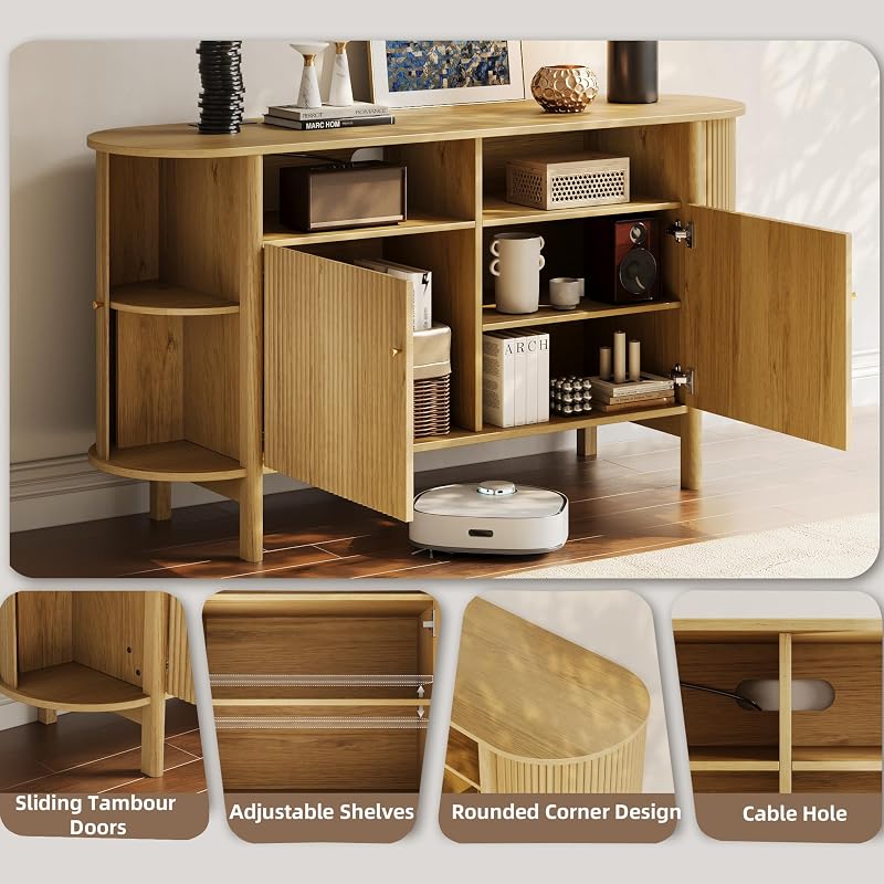 55 Inch TV Stand with Power Outlets, Mid Century Entertainment Center image 5