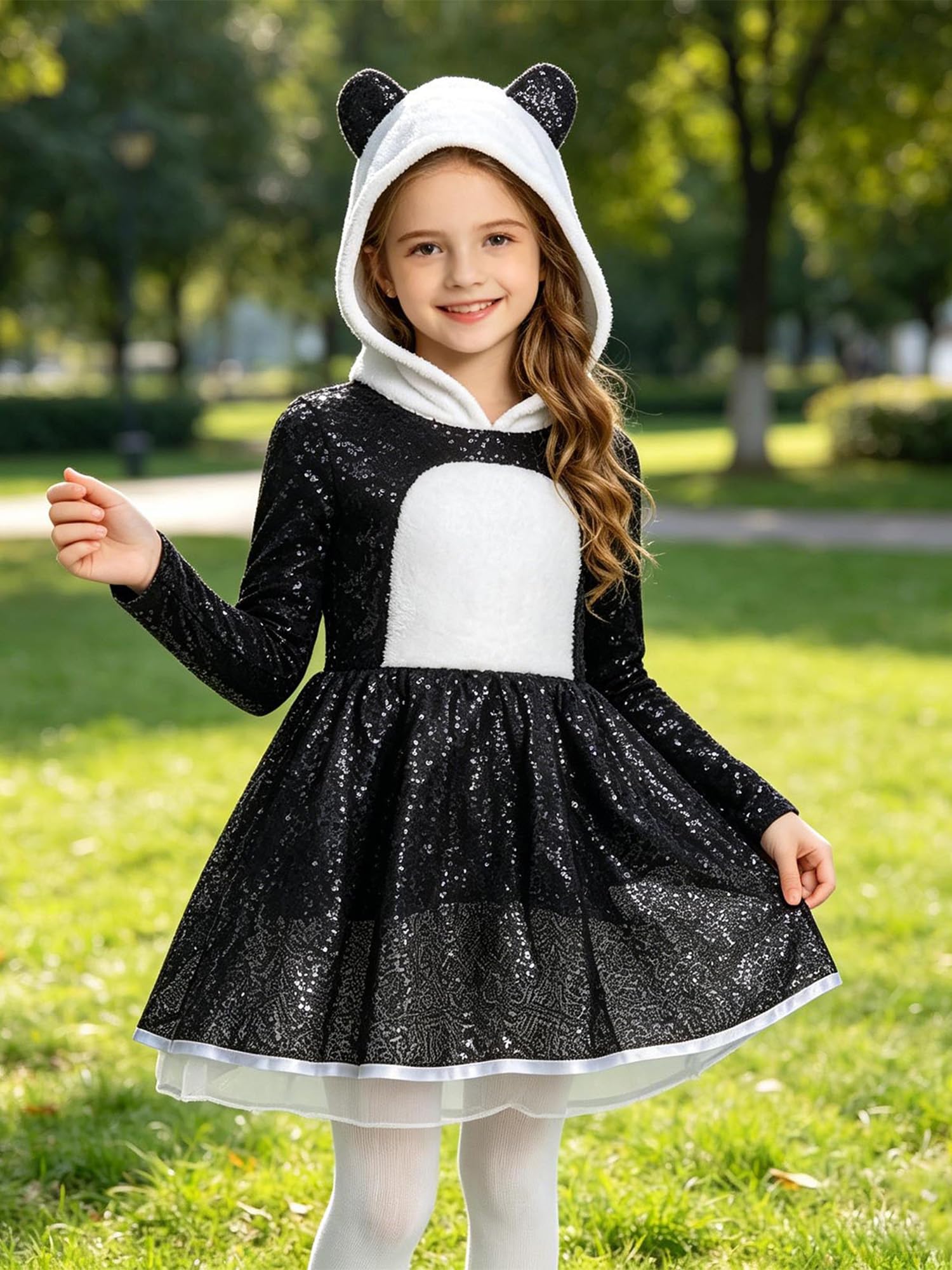Kinder Panda Kleid Mädchen Prinzessin Kleid Glitzer Pailletten Tutu Kleider Kapuzenkleid mit Schwanz Geburtstag Partykleid