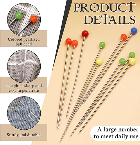 Vista 18 de Alfileres de costura, 400 alfileres rectos para tela, perlados en blanco y negro con cabeza de bola perlada, alfileres de costura de 1.5 pulgadas