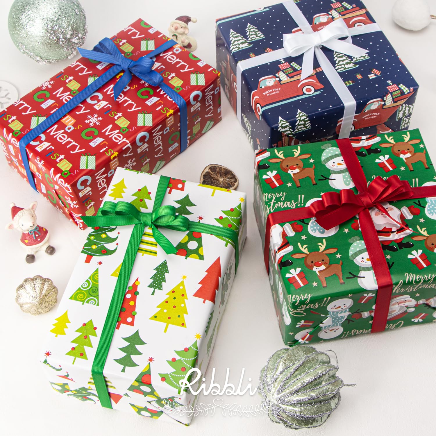 Ribbli Papel de regalo de Navidad de 30 pulgadas, 4 rollos de Feliz Navidad, Papá Noel, muñeco de nieve, árbol de Navidad, surtido de 30 pulgadas x 10 pies por rollo