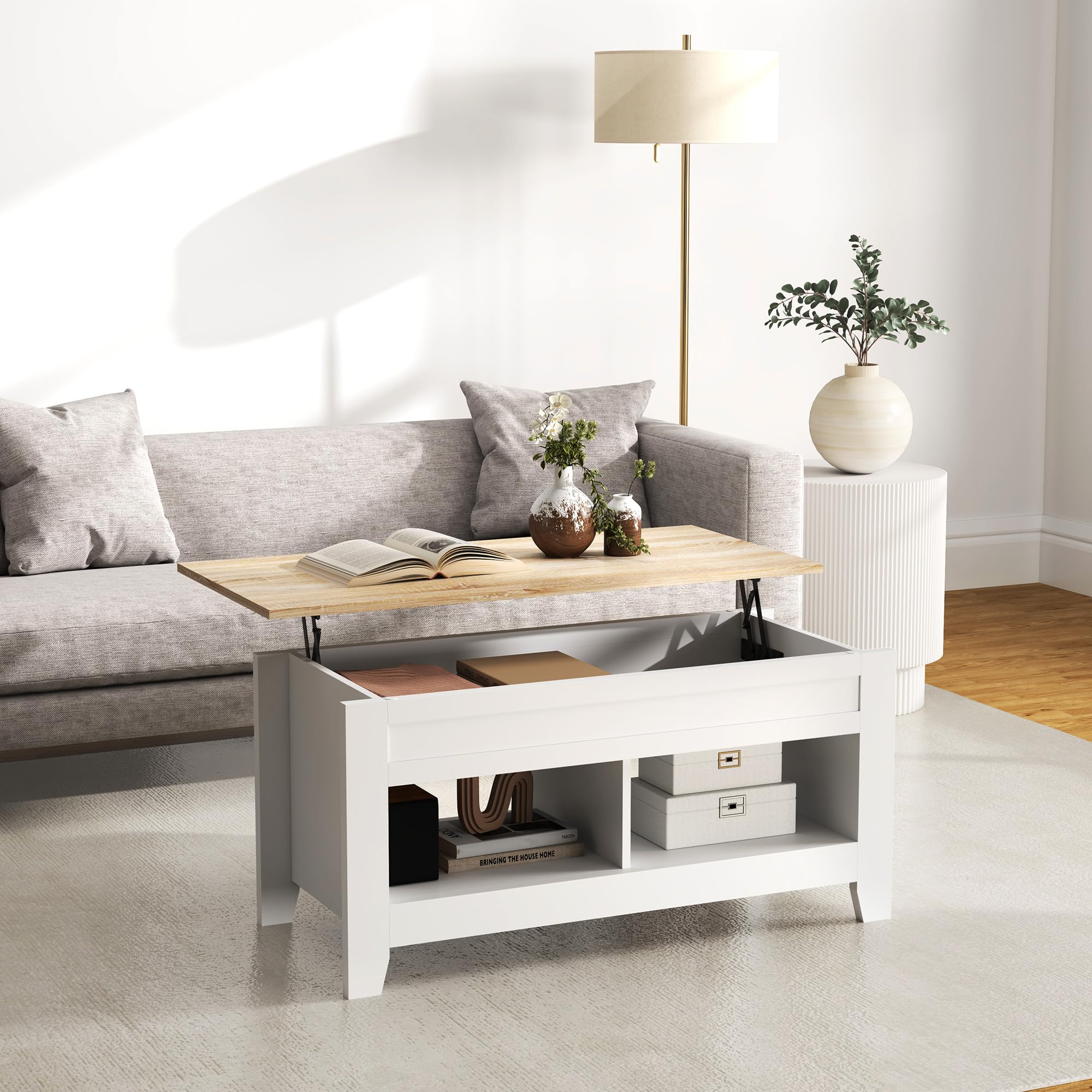 HOMCOM Mesa de Centro Elevable Mesa de Café con Encimera Elevable 2 Compartimentos Abiertos y Espacio Oculto de Almacenaje 105x50x49 cm Blanco y Natural