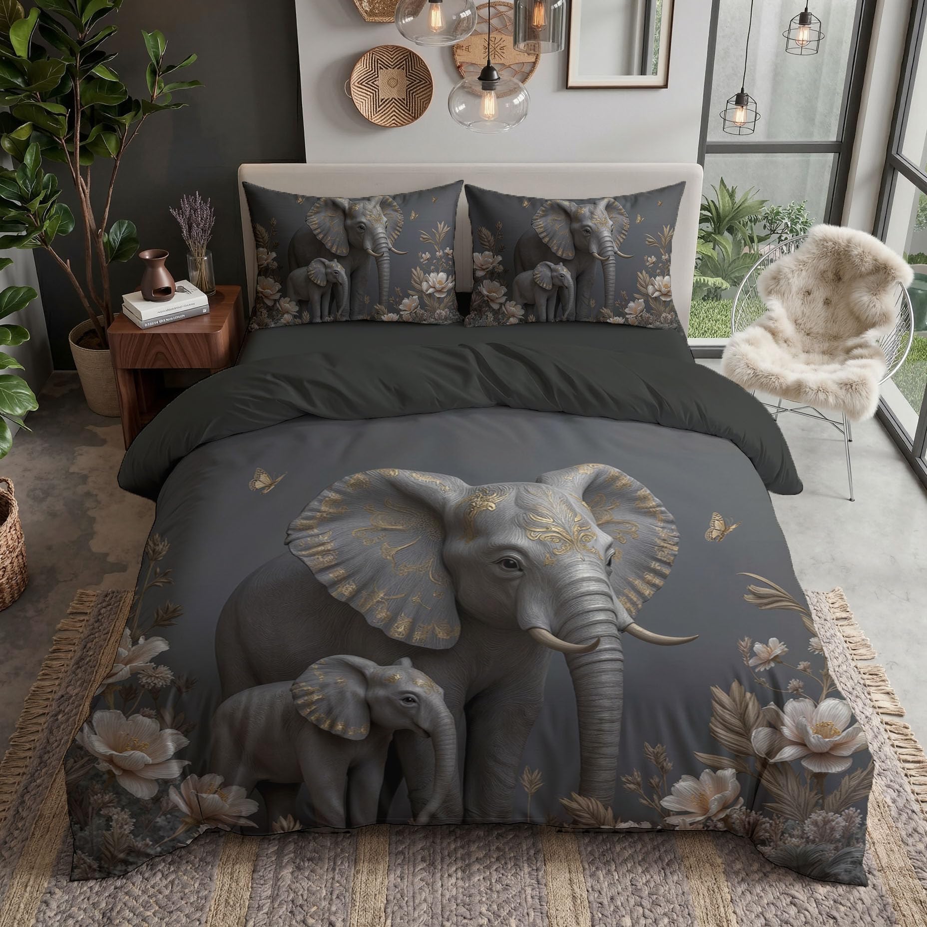 Parure de lit éléphant avec housse de couette 240x260 cm et 2 taies d'oreiller gris