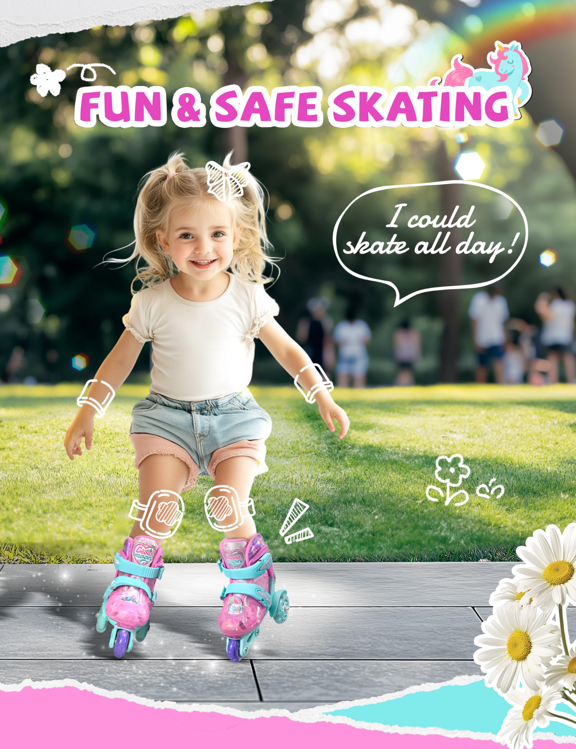 Unicorn Toddler Roller Skates, Kids Training Safety Tripple Protection Roller Skates with 4 Adjustable Sizes, Fun Light-Up Wheels, Little Girls' Fancy Gift