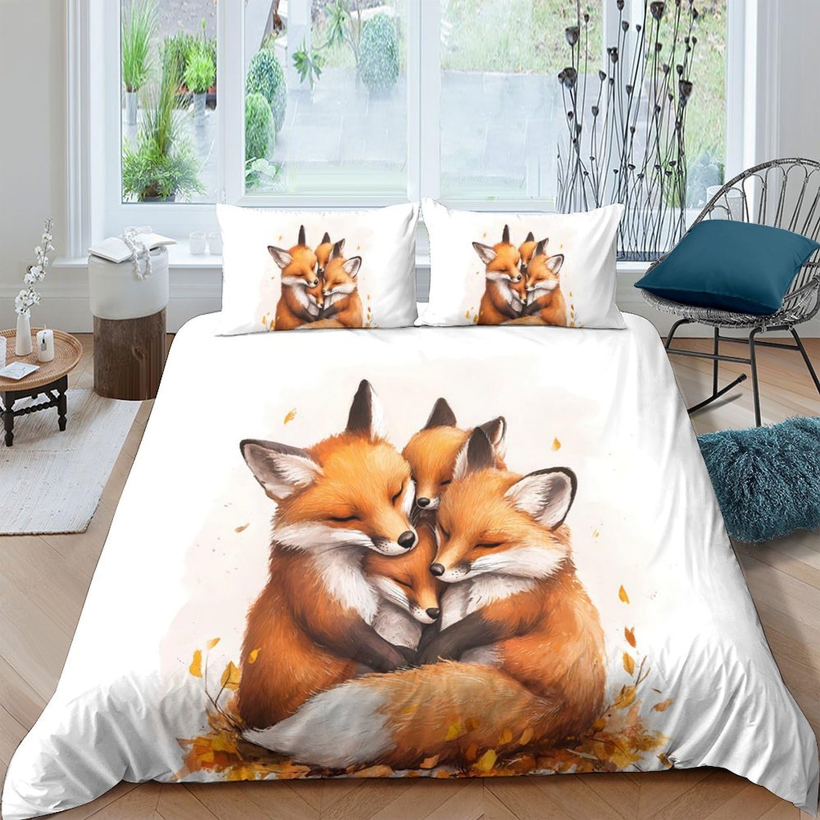 Ctjqhvkz Style-2 3D Printed Fox Family Fitted Sheet Microfiber Soft Breathable Autumn Leaves Mattress Cover For Bedroom Dorm Decor Single（135X200cm）
