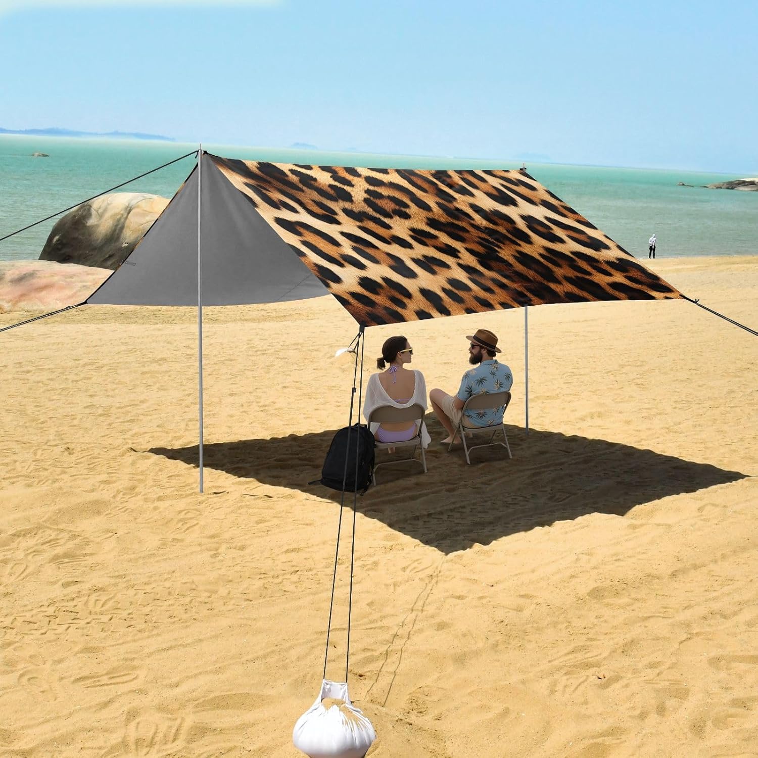 ALAZA Leopard Print Cheetah Beach Tent Sun Shelter UPF50+ Protection Beach Shade Canopy w/ 4 Sandbags for Outdoor Camping, Fishing, Backyard Fun, Picnic, 10x9 ft