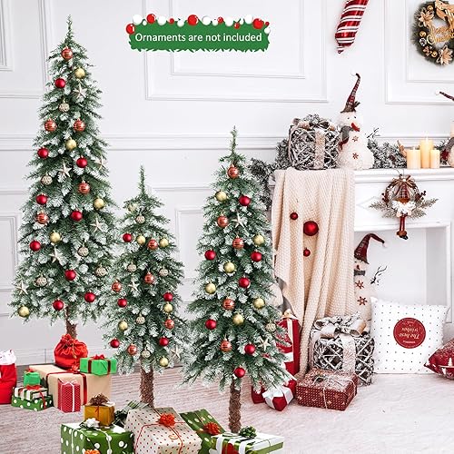Miniatura 9 de GOFLAME Juego de 3 árboles de Navidad preiluminados, árbol de Navidad artificial tipo lápiz de 3 pies, 4 pies y 5 pies con luces LED blancas