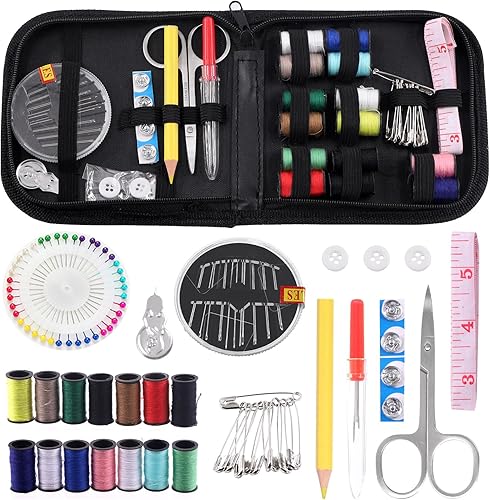 Glarks Kit de costura de 98 piezas, kit de reparación de suministros de costura multifuncionales con hilo, agujas de coser, alfileres, tijeras,
