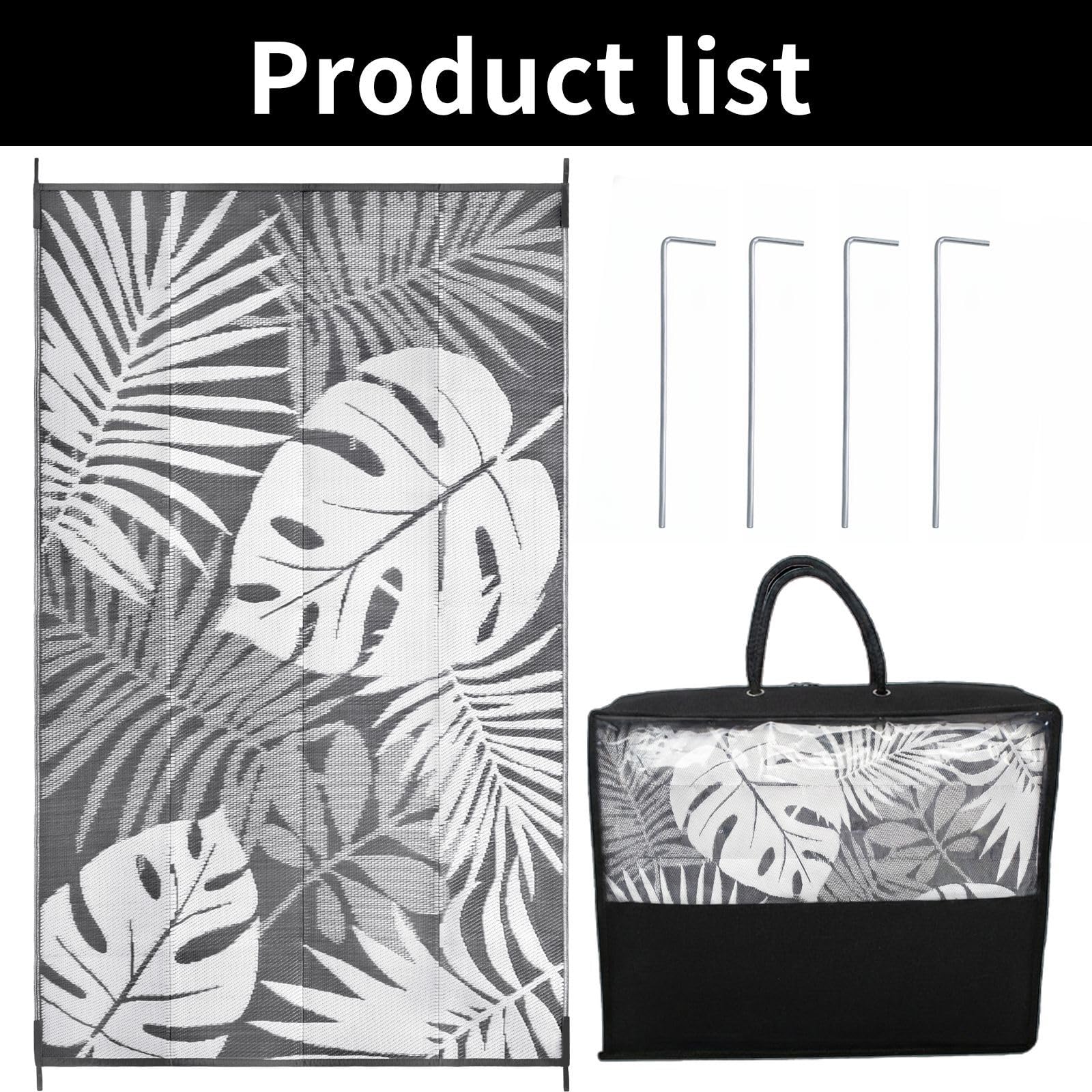 Hiseng Tapis d'extérieur Imperméable Terrasse Balcon, Monstera Grise Tapis de Sol Réversible en Plastique Résistant aux Intempéries aux UV pour Jardin, Camping, Pique-Nique (Grise,183x274cm)