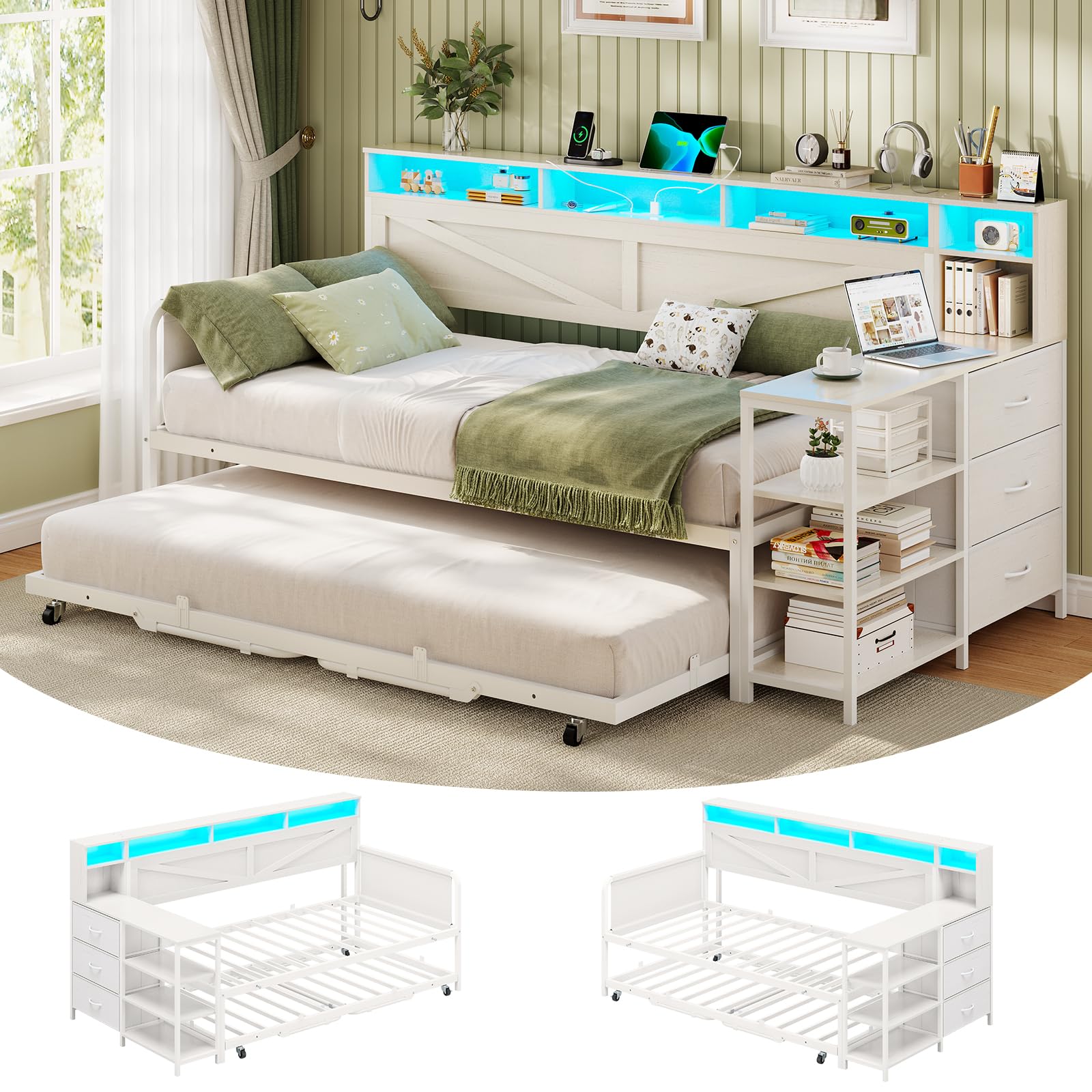 VIAGDO Daybed Twin with Pop Up Trundle, Farmhouse Wooden Day Bed Frame with 3 Storage Drawers and Shelves, Twin to King Daybed with Charging Station